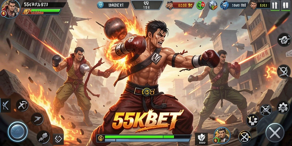 Screenshot utama 55KBET menunjukkan aksi seru di medan perang.