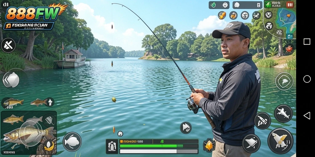 Screenshot utama dari gameplay Fishing di 888FW yang menggambarkan suasana memancing.