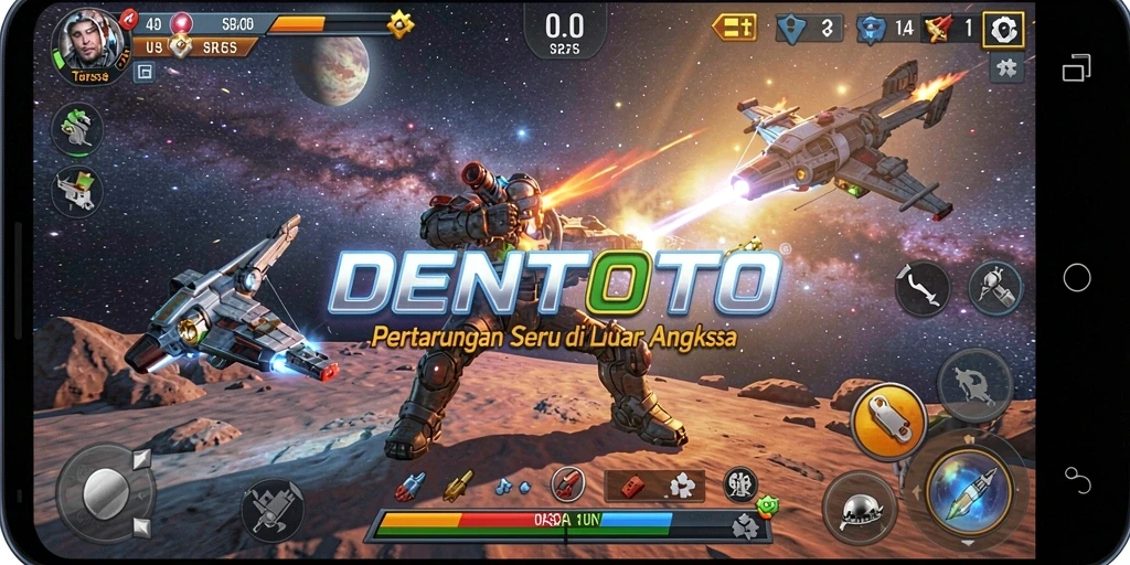 Gameplay DENTOTO yang intens dalam pertarungan luar angkasa.