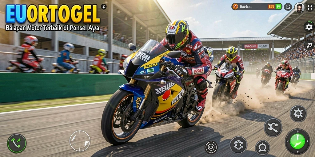 Screenshot gameplay EUROTOGEL menampilkan aksi balapan motor yang mendebarkan.