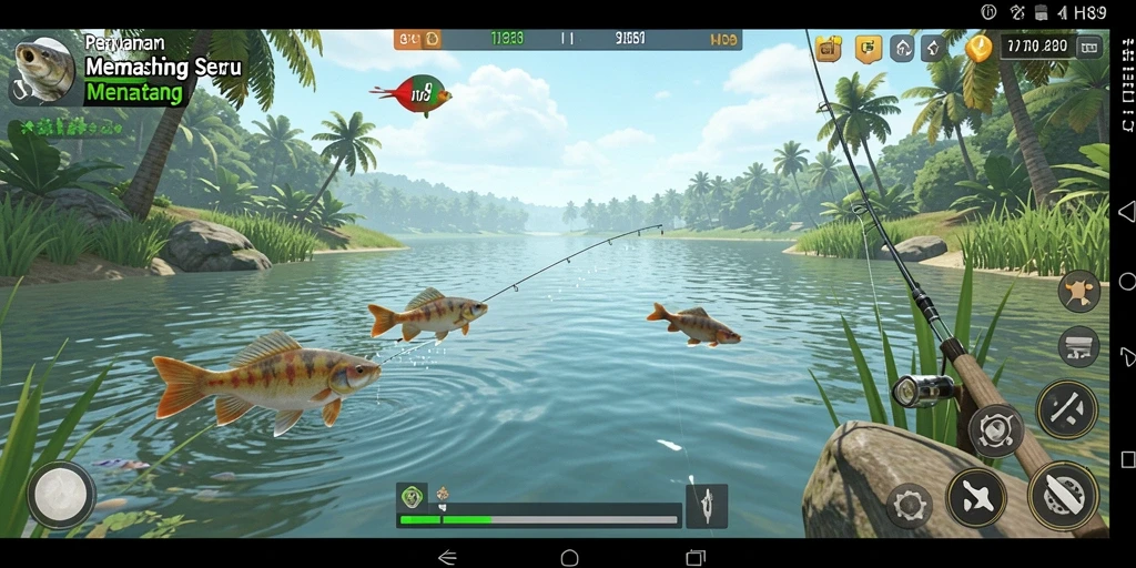 Screenshot permainan HR89 menampilkan aksi nyata memancing yang seru.