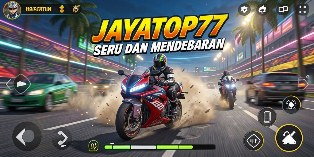 Tampilan gameplay JAYATOP77 menampilkan aksi balapan motor yang seru dan cepat.