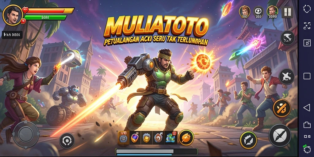 Screenshot utama MULIATOTO menampilkan aksi seru dan karakter yang dinamis.