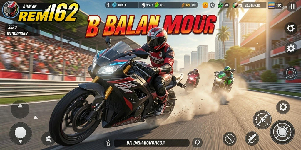Screenshot gameplay REMI62 menampilkan balapan motor yang mendebarkan.