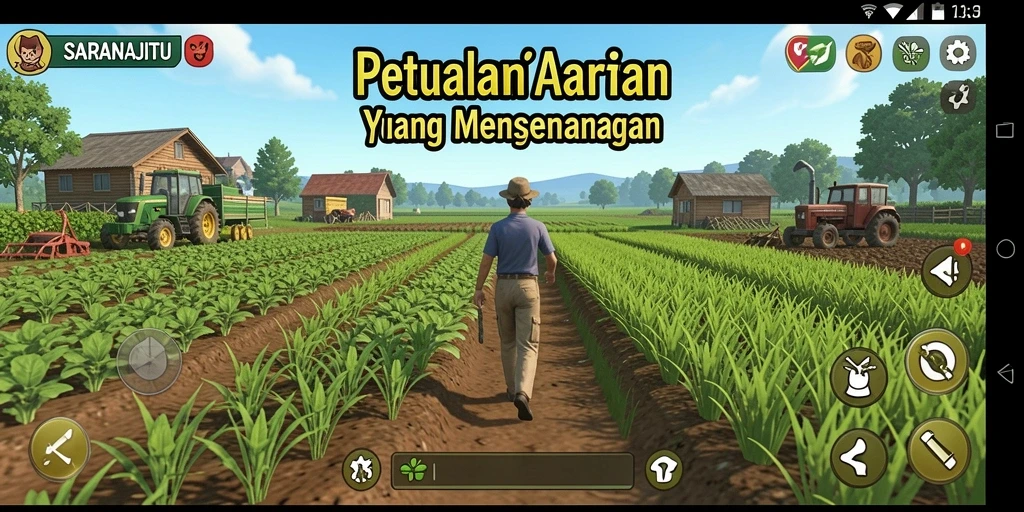 Tangkapan layar dari gameplay SARANAJITU menunjukkan suasana ladang yang hijau dan berwarna.