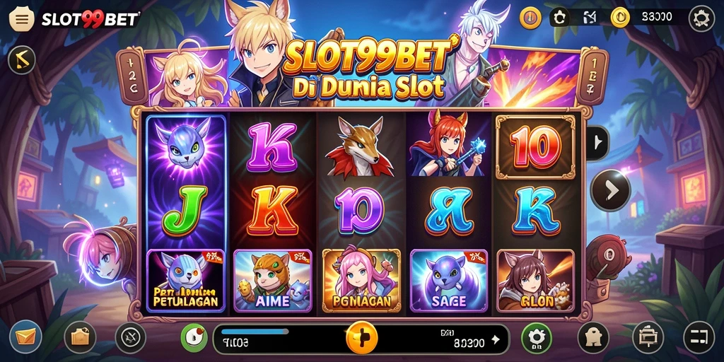 Screenshot utama SLOT99BET dengan gameplay penuh warna dan karakter anime.