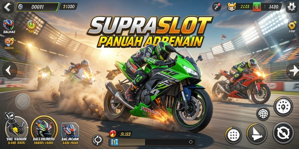 Screenshot gameplay <strong>SUPRASLOT</strong> yang menampilkan balapan motor yang mendebarkan.